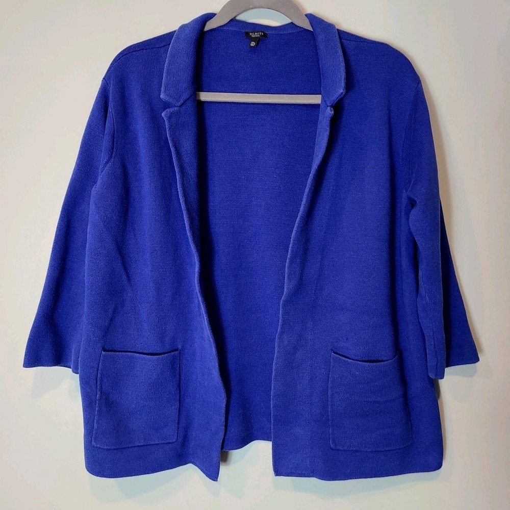 Talbots Cardigan Womens 2XP Knit Open Pockets Stretch‎ Sweater Jacket Jewel Blue
